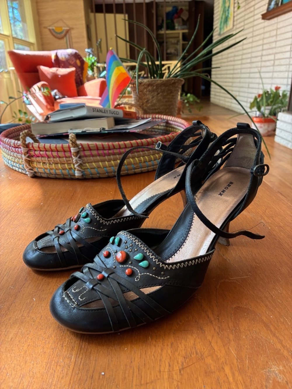 Bronx Black Leather Ankle-Strap Heels with Coral and Turquoise Bead Accents